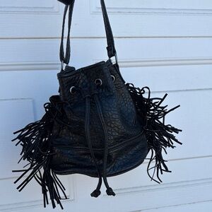 Black Fringe Leather Bucket Bag